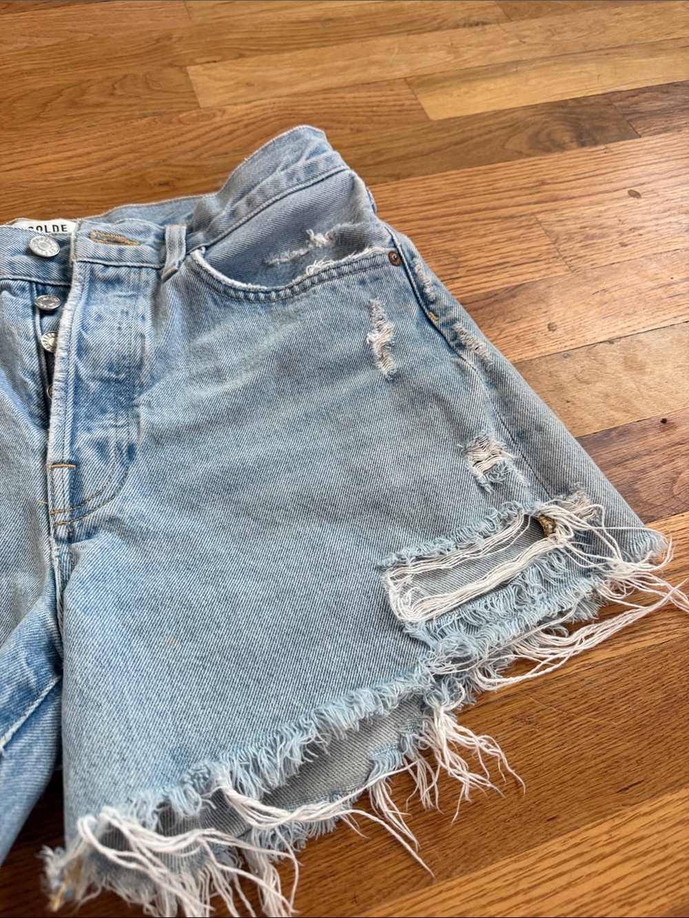 Agolde Light Wash Distressed Frayed Hem Denim Shorts - Picture 4 of 5